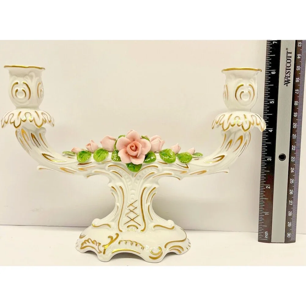Vintage AK W. Germany Double Porcelain Candle Holder 700–Pink Rose Dresden Style